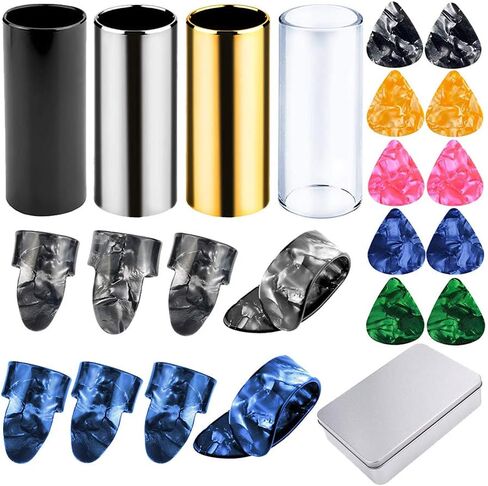 Xiaokeis 4 Pcs Guitar Slide, Set of 4 Glass Slide with 8pcs Finger Sleeves, Steel Guitar Slide for Electric Guitar Accessories, Electric Guitar Accessories with Storage Box(Random Color) in Saudi Arabia