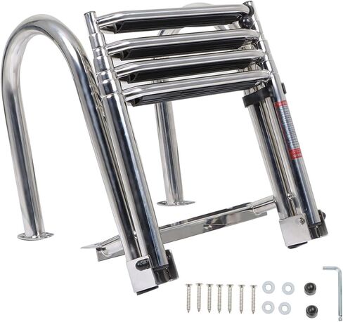 WFLNHB قارب عائم 4 خطوات سلم قابل للطي، سلم قابل للطي من الفولاذ المقاوم للصدأ الفاخر مع دواسة يد درابزين سلم يخت بحري in Kuwait