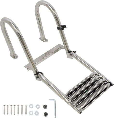 WFLNHB قارب عائم 4 خطوات سلم قابل للطي، سلم قابل للطي من الفولاذ المقاوم للصدأ الفاخر مع دواسة يد درابزين سلم يخت بحري in Kuwait