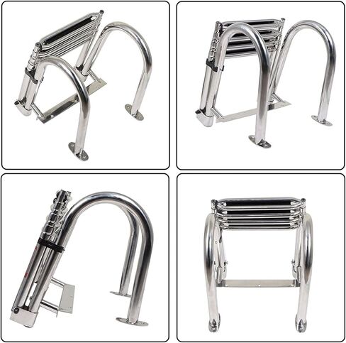 WFLNHB قارب عائم 4 خطوات سلم قابل للطي، سلم قابل للطي من الفولاذ المقاوم للصدأ الفاخر مع دواسة يد درابزين سلم يخت بحري in Kuwait