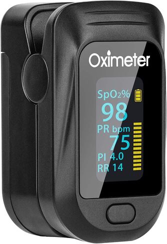 Tomorotec Fingertip Pulse Oximeter Accurate Blood Oxygen Saturation Level (SpO2), Perfusion Index (PI), Pulse Rate (PR), Respiratory Rate (RR) Monitor with Lanyard [Sports & Aviation Use Only] (Black) in Saudi Arabia
