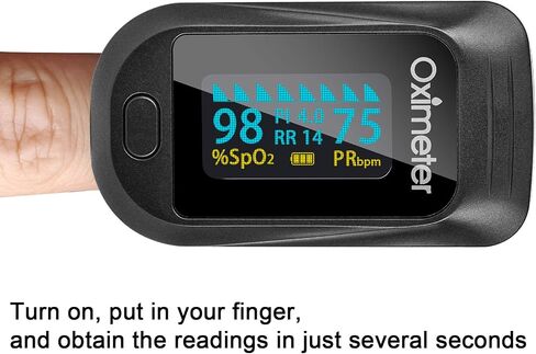 Tomorotec Fingertip Pulse Oximeter Accurate Blood Oxygen Saturation Level (SpO2), Perfusion Index (PI), Pulse Rate (PR), Respiratory Rate (RR) Monitor with Lanyard [Sports & Aviation Use Only] (Black) in Saudi Arabia