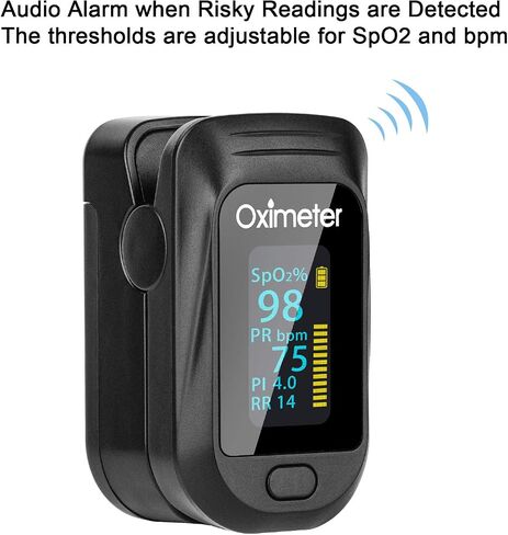 Tomorotec Fingertip Pulse Oximeter Accurate Blood Oxygen Saturation Level (SpO2), Perfusion Index (PI), Pulse Rate (PR), Respiratory Rate (RR) Monitor with Lanyard [Sports & Aviation Use Only] (Black) in Saudi Arabia