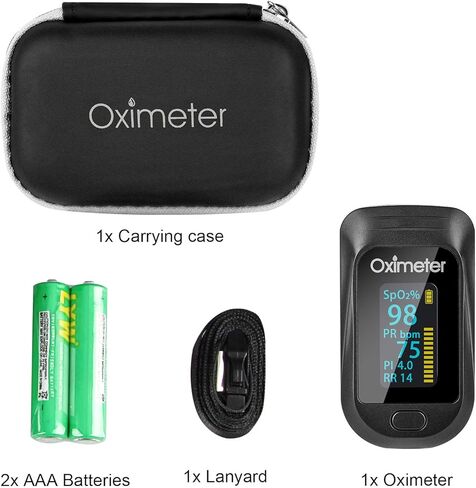 Tomorotec Fingertip Pulse Oximeter Accurate Blood Oxygen Saturation Level (SpO2), Perfusion Index (PI), Pulse Rate (PR), Respiratory Rate (RR) Monitor with Lanyard [Sports & Aviation Use Only] (Black) in Saudi Arabia