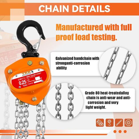رافعة سلسلة TKK 550 رطل 1/4 طن - رافعة يدوية صغيرة بسلسلة 10 أقدام، رافعة بكرة شديدة التحمل، وخطافين للكراجات والمستودعات ومهام السيارات in Kuwait