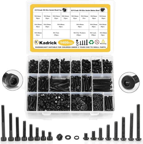 Kadrick 1400 Pcs M4 Screws Nuts Washers Assortment M4x6MM-40MM, Hex Socket Button & Cap Head Metric M3 Machine Bolts Kit, 12.9 & 10.9 Grade Alloy Steel,Black Screws for 3D Printing in Saudi Arabia