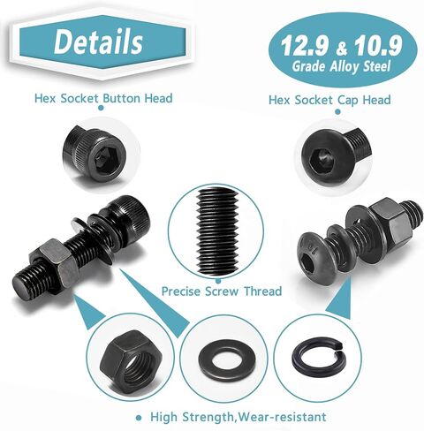 Kadrick 1400 Pcs M4 Screws Nuts Washers Assortment M4x6MM-40MM, Hex Socket Button & Cap Head Metric M3 Machine Bolts Kit, 12.9 & 10.9 Grade Alloy Steel,Black Screws for 3D Printing in Saudi Arabia