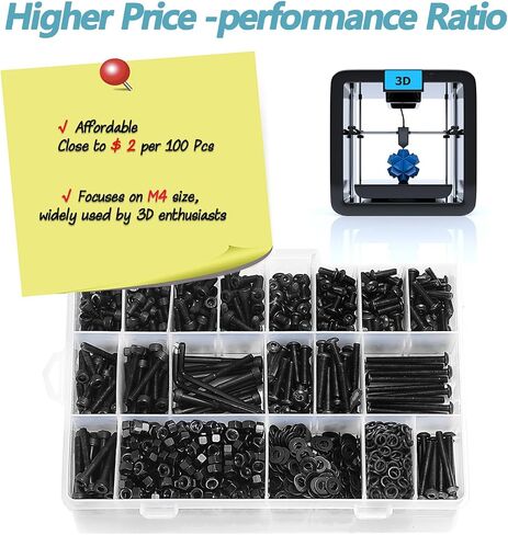 Kadrick 1400 Pcs M4 Screws Nuts Washers Assortment M4x6MM-40MM, Hex Socket Button & Cap Head Metric M3 Machine Bolts Kit, 12.9 & 10.9 Grade Alloy Steel,Black Screws for 3D Printing in Saudi Arabia