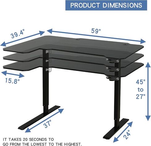 مكتب قائم قابل للتعديل بارتفاع كهربائي على شكل حرف L من bilbil مقاس 59 بوصة، طاولة مرتفعة للمكتب المنزلي مع لوحة توصيل، إطار أسود وأعلى in Kuwait