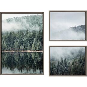 Kate and Laurel Sylvie Evergreen Reflections in Fog Framed Canvas Wall Art Set by Emiko and Mark Franzen of F2Images, 3 Piece Set Gray, Natural Mountain Tree Landscape Art for Wall Decor in Saudi Arabia