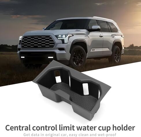 SMABEE Center Console Armrest Cup Holder Insert for Toyota Sequoia 2024 2025 / Tundra 2022-2025 Accessories TPE Armrest Rear Box Drink Organizer Interior Black in Kuwait