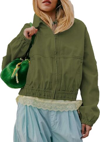Zontroldy Women's Collared Long Sleeve Cropped Track Jacket Zip Up Shirts Jackets Utility Anorak Coat with Pockets in Saudi Arabia