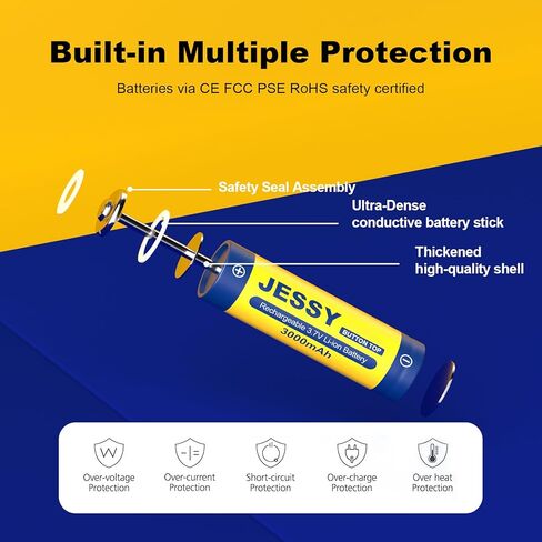 JESSY 18650 Rechargeable Battery 3.7Volt 18650 Battery Button Top 3000mAh High Capacity 18650 Batteries for Flashlights, Headlamp 4 Pack in Kuwait