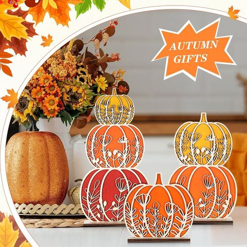Leinuosen Thanksgiving Pumpkin Decorations Fall Wooden Tabletop Signs, Autumn Table Centerpieces Pumpkins of 3 Size Fall Tray Decor for Home Room Decor Halloween Harvest Decoration(Gradient Blue) in Saudi Arabia