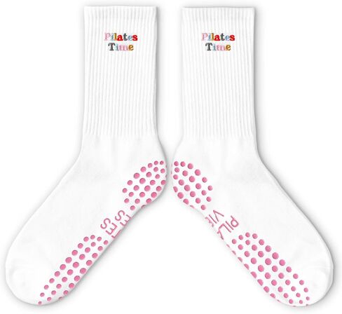 Cute Pilates Socks, Pink Crew Grippy Socks for Studio Reformer Workout Style in Kuwait