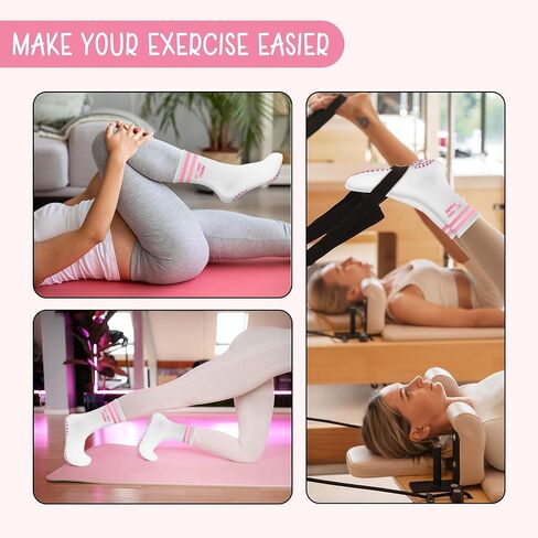 Cute Pilates Socks, Pink Crew Grippy Socks for Studio Reformer Workout Style in Kuwait