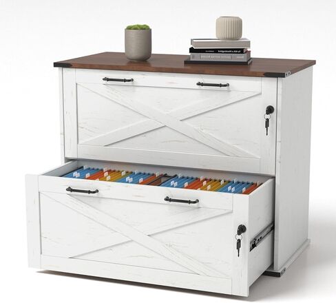 VINGLI 3 Drawer File Cabinet with Lock, Home Office Filing Organizer, for Letter Size File Folder Storage, Modern Farmhouse Style, Wood Vertical Filing Cabinet, Archivador (Rustic White & Brown) in Saudi Arabia