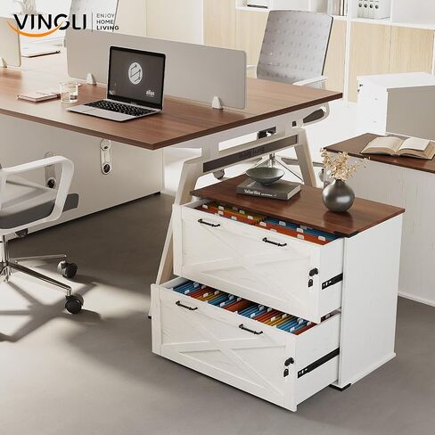 VINGLI 3 Drawer File Cabinet with Lock, Home Office Filing Organizer, for Letter Size File Folder Storage, Modern Farmhouse Style, Wood Vertical Filing Cabinet, Archivador (Rustic White & Brown) in Saudi Arabia