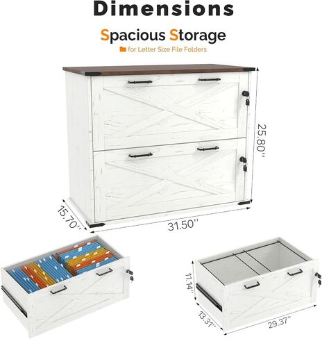 VINGLI 3 Drawer File Cabinet with Lock, Home Office Filing Organizer, for Letter Size File Folder Storage, Modern Farmhouse Style, Wood Vertical Filing Cabinet, Archivador (Rustic White & Brown) in Saudi Arabia