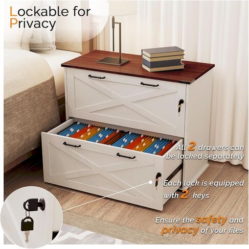 VINGLI 3 Drawer File Cabinet with Lock, Home Office Filing Organizer, for Letter Size File Folder Storage, Modern Farmhouse Style, Wood Vertical Filing Cabinet, Archivador (Rustic White & Brown) in Saudi Arabia
