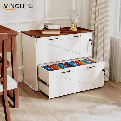 VINGLI 3 Drawer File Cabinet with Lock, Home Office Filing Organizer, for Letter Size File Folder Storage, Modern Farmhouse Style, Wood Vertical Filing Cabinet, Archivador (Rustic White & Brown) in Saudi Arabia