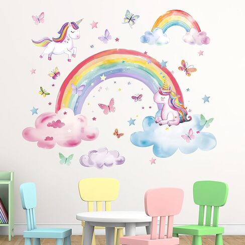 Mfault Watercolor Rainbow Unicorn Wall Decals Stickers, Clouds Butterfly Nursery Decorations Baby Bedroom Art, Stars Toddlers Kids Girls Boys Room Playroom Decor in Saudi Arabia
