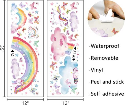 Mfault Watercolor Rainbow Unicorn Wall Decals Stickers, Clouds Butterfly Nursery Decorations Baby Bedroom Art, Stars Toddlers Kids Girls Boys Room Playroom Decor in Saudi Arabia