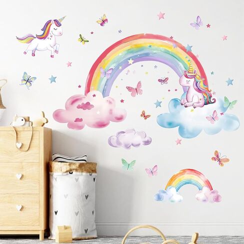 Mfault Watercolor Rainbow Unicorn Wall Decals Stickers, Clouds Butterfly Nursery Decorations Baby Bedroom Art, Stars Toddlers Kids Girls Boys Room Playroom Decor in Saudi Arabia