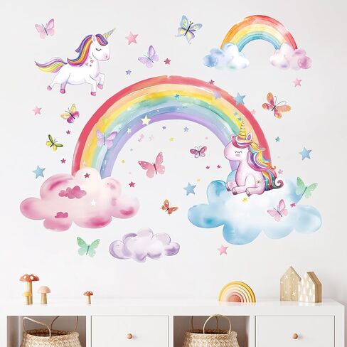 Mfault Watercolor Rainbow Unicorn Wall Decals Stickers, Clouds Butterfly Nursery Decorations Baby Bedroom Art, Stars Toddlers Kids Girls Boys Room Playroom Decor in Saudi Arabia