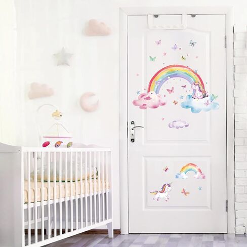 Mfault Watercolor Rainbow Unicorn Wall Decals Stickers, Clouds Butterfly Nursery Decorations Baby Bedroom Art, Stars Toddlers Kids Girls Boys Room Playroom Decor in Saudi Arabia