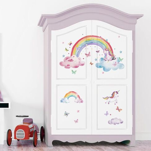Mfault Watercolor Rainbow Unicorn Wall Decals Stickers, Clouds Butterfly Nursery Decorations Baby Bedroom Art, Stars Toddlers Kids Girls Boys Room Playroom Decor in Saudi Arabia
