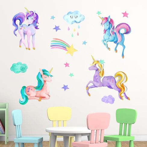 Mfault Watercolor Rainbow Unicorn Wall Decals Stickers, Clouds Butterfly Nursery Decorations Baby Bedroom Art, Stars Toddlers Kids Girls Boys Room Playroom Decor in Saudi Arabia
