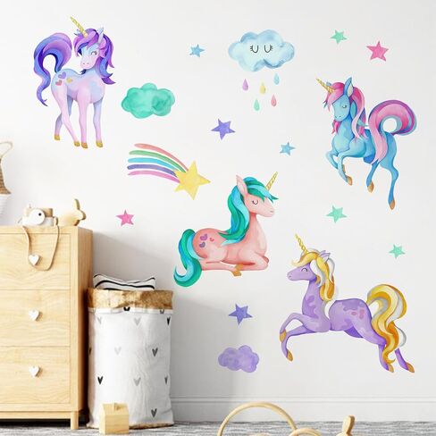 Mfault Watercolor Rainbow Unicorn Wall Decals Stickers, Clouds Butterfly Nursery Decorations Baby Bedroom Art, Stars Toddlers Kids Girls Boys Room Playroom Decor in Saudi Arabia