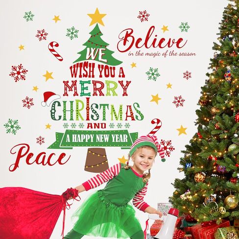 Mfault Merry Christmas Santa Claus Wall Decals Stickers, Xmas Gnome Truck Snowman Reindeer Let It Snow Decorations Bedroom Art, Winter Holiday Gold Snowflake Holly Jolly Home Living Room Kitchen Decor in Saudi Arabia