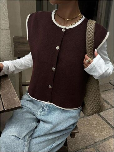 Verdusa Women‘s Comfiest Airport Outfits Button Down Sleeveless Sweater Vest Tops Cozy Cardigans in Saudi Arabia