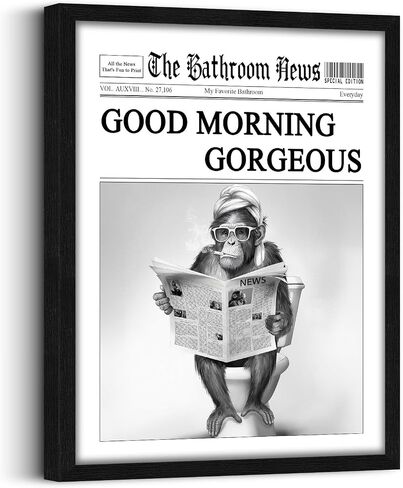 Framed Funny Bathroom Wall Art Decor 12"x16", Black and White Funny Gorilla Artwork Good Morning Gorgeous Wall Pictures Humourous Animal Canvas Prints for Bathroom Wall Decor in Saudi Arabia