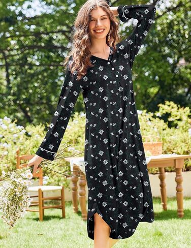Ekouaer Nightgowns for Women Long Sleeve Nightgown Long Sleepwear Button Down Sleep Shirt Soft Night Gown S-4XL in Kuwait