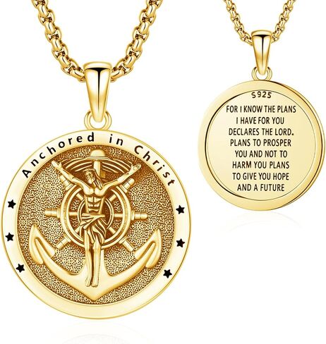 Anchor Jesus Cross Pendant Necklace for Men Women, 925 Sterling Silver Patron Jesus Medal Pendant Amulet Religious Protection Jewelry Gifts in Saudi Arabia