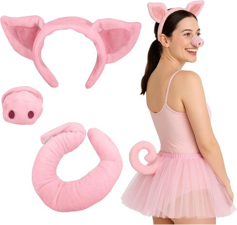 Unisex Pig Ears Headband Nose and Tail Accessory Set, Pink, One Size in Kuwait