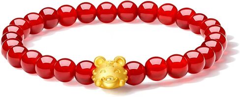 24K Solid Gold Bracelets for Women, Stretchable Lucky Animals Real Gold Rabbit Bangle Charm Bracelets, Pure Gold Agate Beaded Zodiac Bunny Bracelet in Saudi Arabia