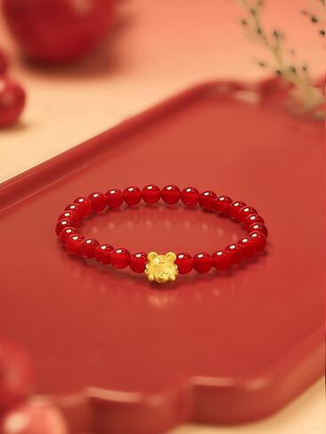 24K Solid Gold Bracelets for Women, Stretchable Lucky Animals Real Gold Rabbit Bangle Charm Bracelets, Pure Gold Agate Beaded Zodiac Bunny Bracelet in Saudi Arabia