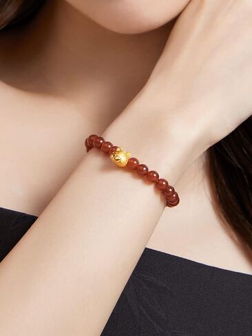 24K Solid Gold Bracelets for Women, Stretchable Lucky Animals Real Gold Rabbit Bangle Charm Bracelets, Pure Gold Agate Beaded Zodiac Bunny Bracelet in Saudi Arabia