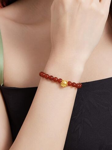 24K Solid Gold Bracelets for Women, Stretchable Lucky Animals Real Gold Rabbit Bangle Charm Bracelets, Pure Gold Agate Beaded Zodiac Bunny Bracelet in Saudi Arabia