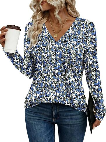 Dealmore قمصان طويلة الأكمام للنساء بلايز الخريف ملابس المعلم تي شيرت الخامس الرقبة الأعلى الملونة الأساسية تيز التي شيرت البلوزات in Kuwait