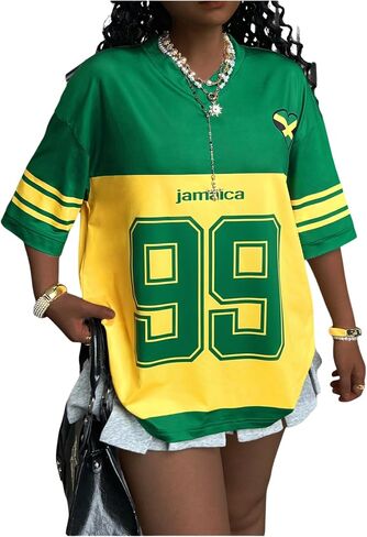 SOLY HUX Women's Y2k Jamaica Jersey Shirt Number Graphic Tees V Neck Half Sleeve Oversized Summer Tops Streetwear in Saudi Arabia