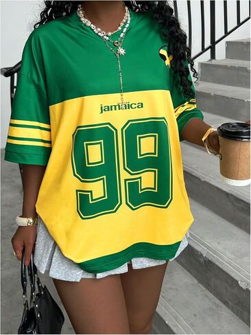 SOLY HUX Women's Y2k Jamaica Jersey Shirt Number Graphic Tees V Neck Half Sleeve Oversized Summer Tops Streetwear in Saudi Arabia
