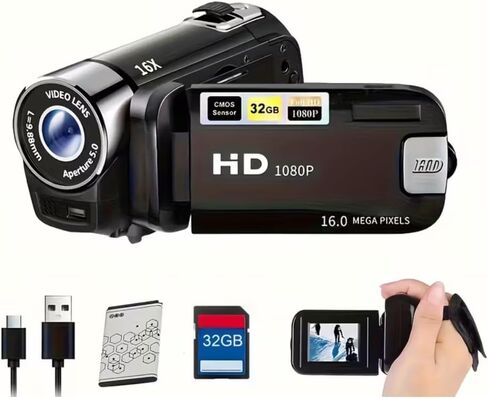 16x Digital Zoom Camera Equipped with a 270° Rotating LED flip Screen, 32GB Memory Card, 1080P high-Definition Wide-Angle Camera, and a Portable Video Recorder, (Pink) in Kuwait