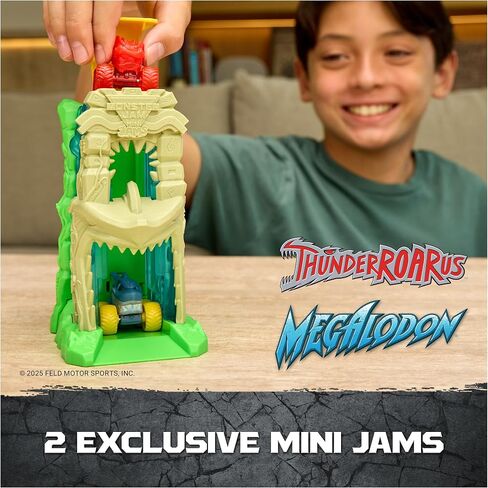 Monster Jam Mini Jams ، Megalodon Jungle Blaster Launcher Playet ، 2 شاحنات وحش ممولة حصرية وملحقات ، ألعاب للأطفال للبنين والبنات الذين تتراوح أعمارهم بين 3 وما فوق in Saudi Arabia