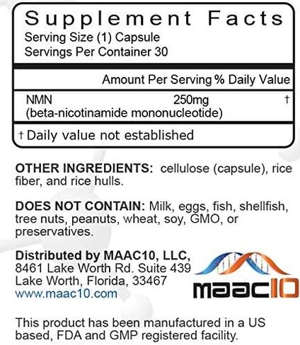 مكمل MAAC10 NMN أحادي نيوكليوتيد النيكوتيناميد الحقيقي (كبسولات NMN 125 ملغ). أقوى سلائف NAD+ وأكثر استقرارًا من الريبوسيد. نحن نستخدم NMN المثبت بدرجة صيدلانية نقية بنسبة 99% (30 قطعة) in Kuwait