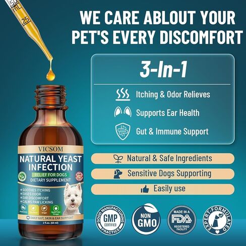 VICSOM Natural Dog Yeast Infection Treatment for Dogs, Itchy Skin & Ear Treatment Natural Support Allergy Relief, Dog Yeast Infection Relief, Support Irritation, Itching & Inflammation 60ml in Kuwait